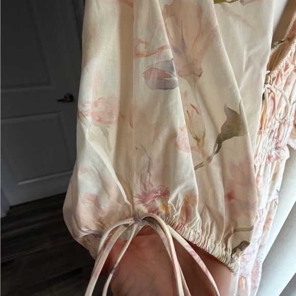 En Saison Cream Floral Smocked Tie-Front Midi Dress with Peach and Olive Accents - Picture 5 of 8